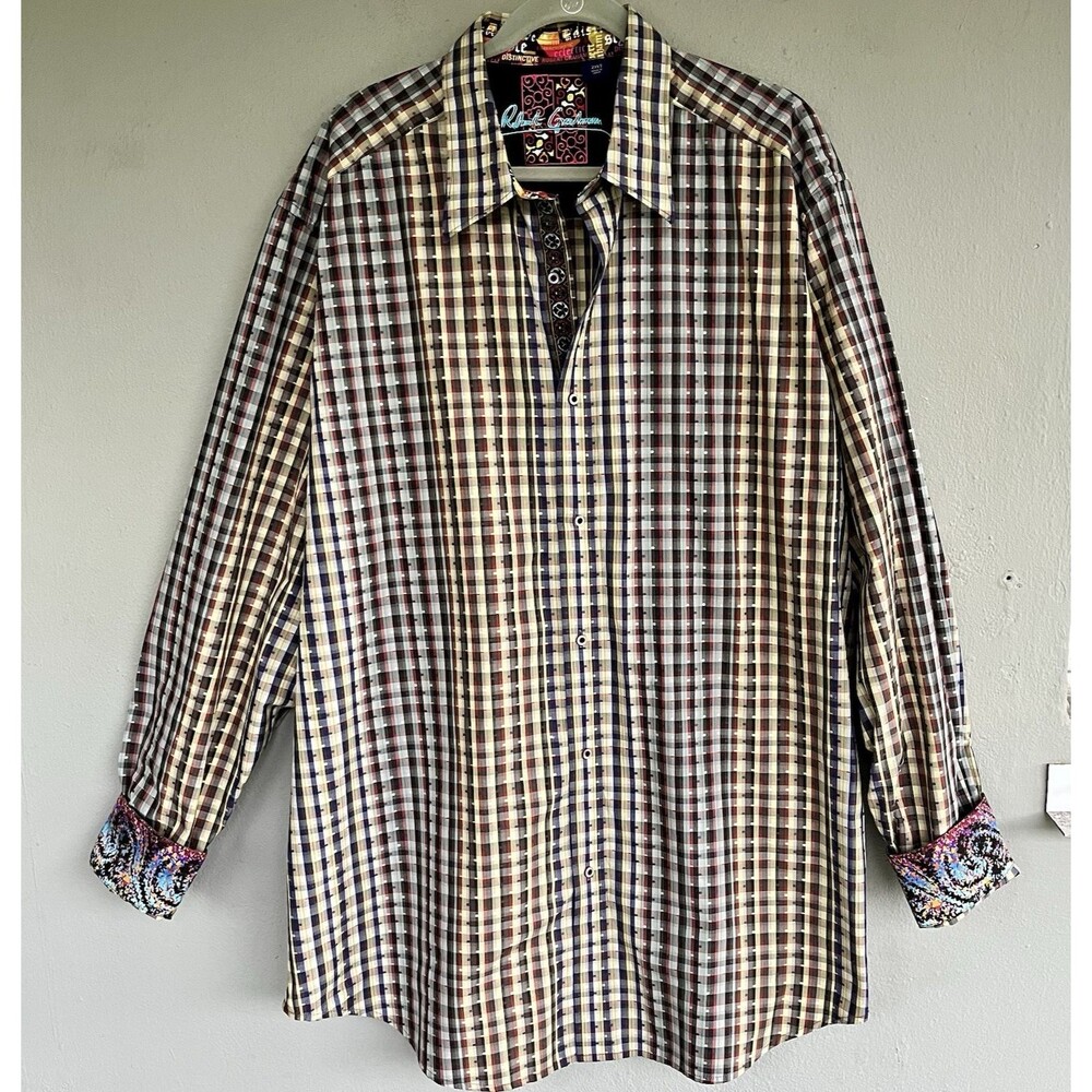 Robert Graham Shirt Men 3XLT Big Tall Yellow Blue Plaid Dot Flip Cuff Button Up